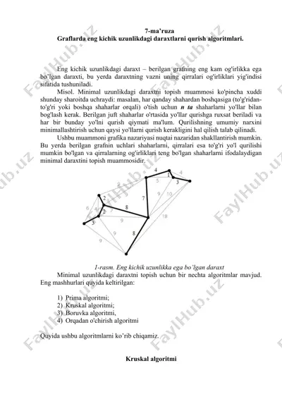 graflarda eng kichik uzunlikdagi daraxtlarni qurish algoritmlari — DOCX