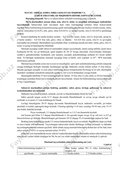 sirkalashda sirka kislotasi miqdori va zarur ziravorlar miqdorini hisoblashni o‘rganish — DOCX