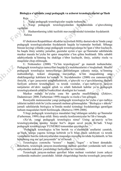 biologiya o’qitishda yangi pedagogik va axborot texnologiyalarini qo’llash — DOCX