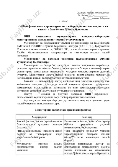 оив инфекциясига қарши курашиш тадбирларининг мониторинги ва вазиятга баҳо бериш йўриқнома — DOCX