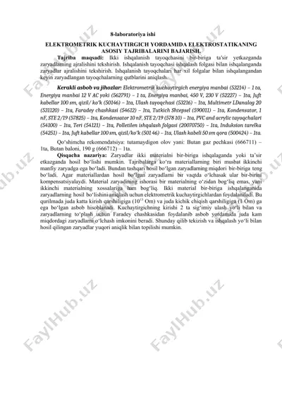 elektrometrik kuchaytirgich yordamida elektrostatikaning asosiy tajribalarini bajarish — DOCX