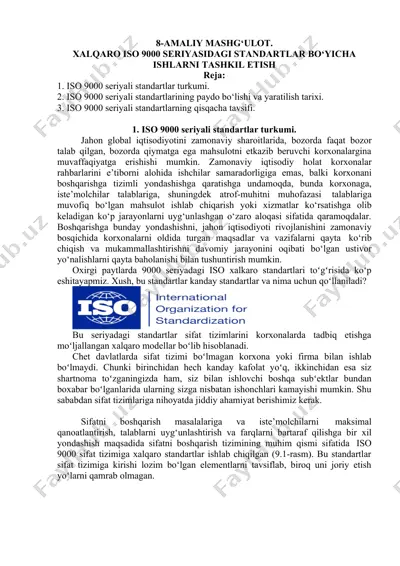 xalqaro iso 9000 seriyasidagi standartlar bo‘yicha ishlarni tashkil etish — DOCX