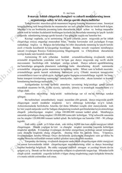 ishlab chiqarish changlari va zaharli moddalarning inson organizmiga salbiy ta’siri, ularga qarshi chora-tadbirlar — DOCX