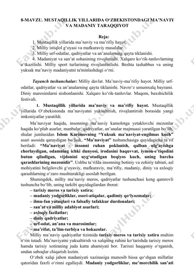 mustaqillik yillarida o‘zbekistondagi ma’naviy va madaniy taraqqiyot — DOCX