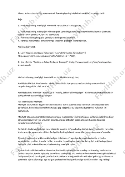 аxborot xavfsizligi muammolari. texnologiyaning intellektul mulk(im) huquqiga taʼsiri — DOCX