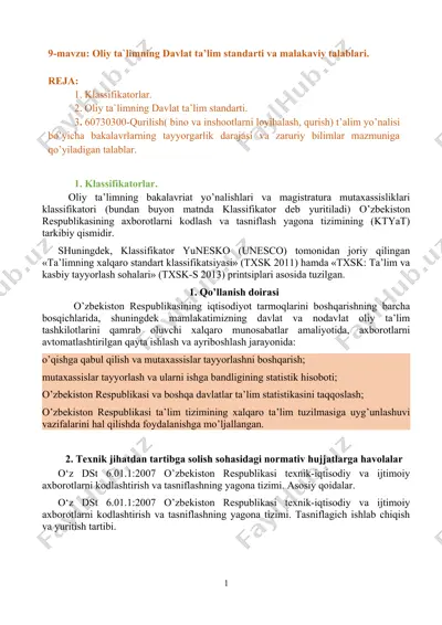 oliy ta`limning davlat ta’lim standarti va malakaviy talablari — DOCX