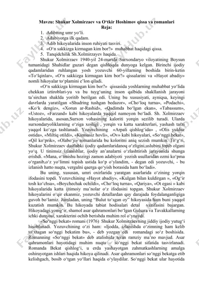 shukur xolmirzaev va o‘tkir hoshimov qissa va romanlari — DOCX