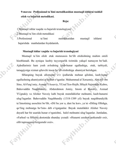 professional ta`limi metodikasidan mustaqil ishlarni tashkil etish va bajarish metodikasi — DOCX