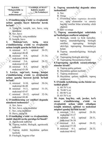 o'simlikni o'sitishi va rivojlanishi uchun muhim hayot faktorlari — DOCX
