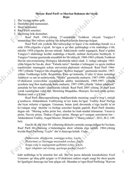 rauf parfi va shavkat rahmon she’riyati — DOCX