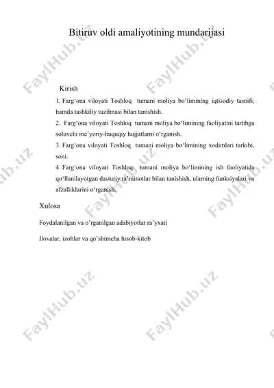 farg‘ona viloyati toshloq tumani moliya bo‘limining iqtisodiy tasnifi — DOCX