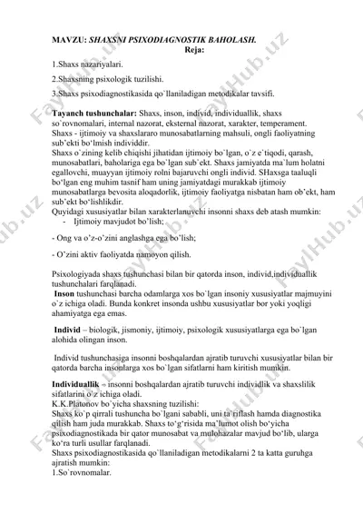 shaxsni psixodiagnostik baholash — DOCX