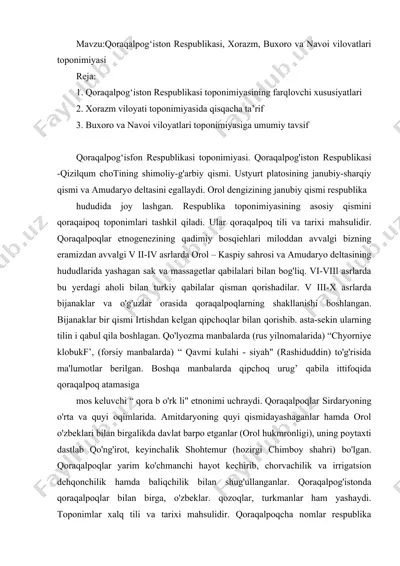 qoraqalpog‘iston respublikasi, xorazm, buxoro va navoi viloyatlari toponimiyasi — DOCX