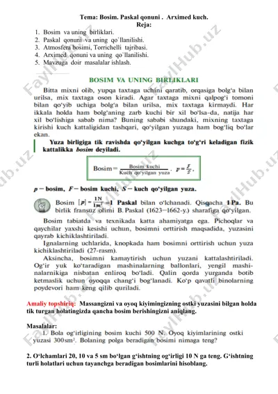 bosim. paskal qonuni. arximed kuch. — DOCX