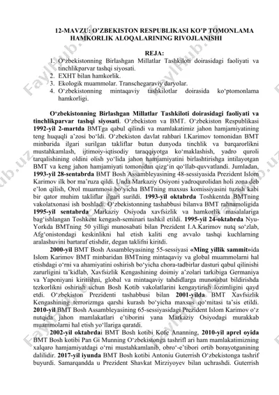 o’zbekiston respublikasi ko’p tomonlama hamkorlik aloqalarining rivojlanishi — DOCX
