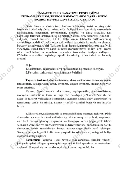 diniy fanatizm, ekstremizm, fundamentalizm, terrorizmning tarixi va hozirgi davrda xavfsizlikga tahdidlar — DOCX