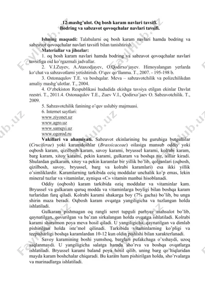 oq bosh karam navlari tavsifi va bodring va sabzavot qovoqchalar navlari tavsifi — DOCX