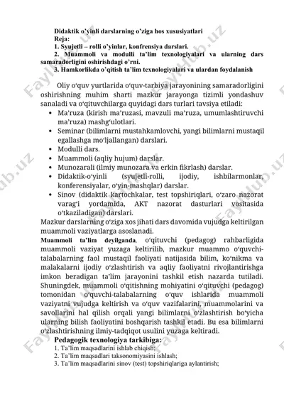 didaktik o’yinli darslarning o’ziga hos xususiyatlari — DOCX