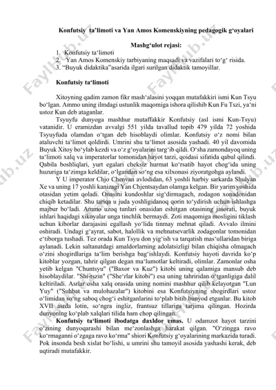 konfutsiy ta’limoti va yan amos kоmenskiyning pedagogik g‘oyalari — DOCX