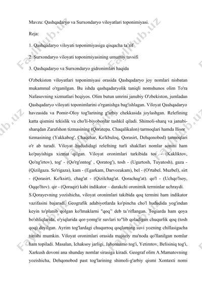 qashqadaryo va surxondaryo viloyatlari toponimiyasi — DOCX