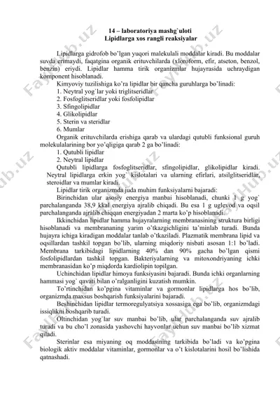 laboratoriya mashg'uloti - lipidlarga xos rangli reaksiyalar — DOCX