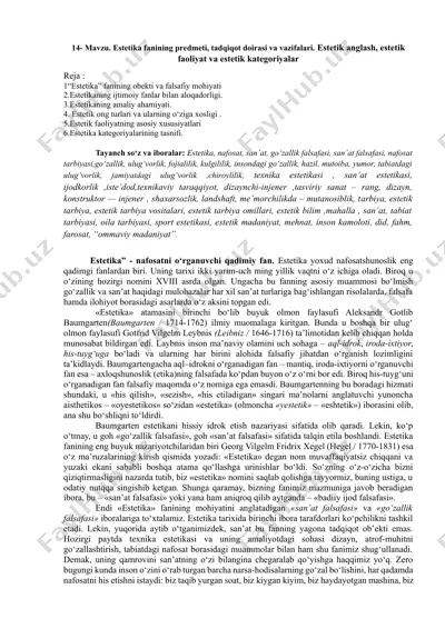 estetika fanining predmeti, tadqiqot doirasi va vazifalari — DOCX