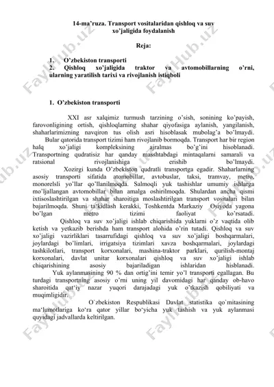 transport vositalaridan qishloq va suv xo’jaligida foydalanish — DOCX