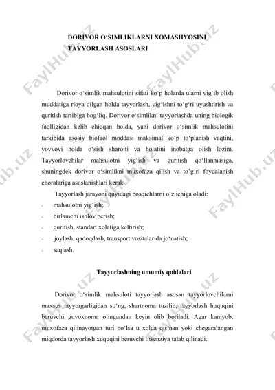 dorivor o‘simliklarni xomashyosini tayyorlash asoslari — DOCX
