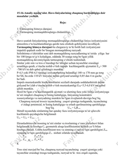 havo liniyalarining chaqmoq bardoshligiga doir masalalar — DOCX