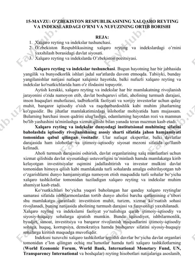 o’zbekiston respublikasining xalqaro reyting va indekslardagi o’rni va nufuzining ortib borishi — DOCX
