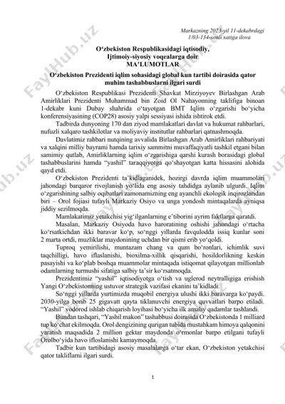 o'zbekiston respublikasi prezidenti iqlim sohasidagi global kun tartibi doirasida qator muhim tashabbuslarni ilgari surdi — DOCX
