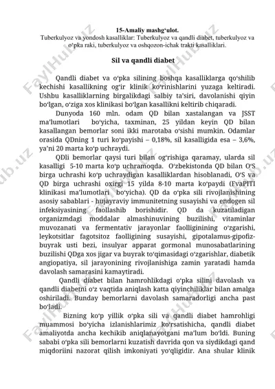 tuberkulyoz va yondosh kasalliklar: tuberkulyoz va qandli diabet, tuberkulyoz va o‘pka raki, tuberkulyoz va oshqozon-ichak trakti kasalliklari — DOCX