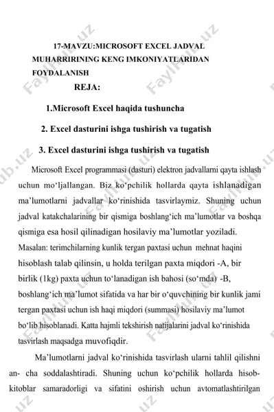 microsoft excel jadval — DOCX