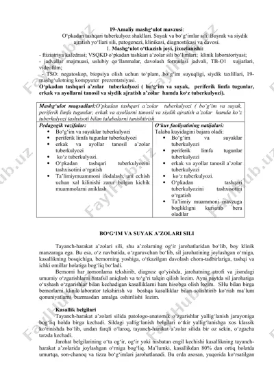 o‘pkadan tashqari tuberkulyoz shakllari. suyak va bo‘g‘imlar sili. buyrak va siydik ajratish yo‘llari sili, patogenezi, klinikasi, diagnostikasi va davosi — DOCX