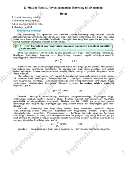 namlik. havoning namligi. havoning nisbiy namligi. — DOCX