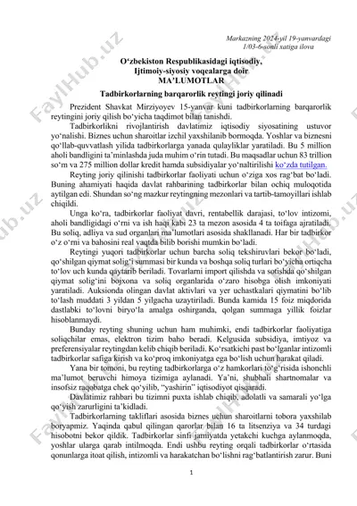 tadbirkorlarning barqarorlik reytingi joriy qilinadi — DOCX