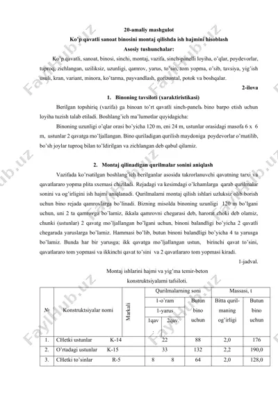 ko’p qavatli sanoat binosini montaj qilishda ish hajmini hisoblash — DOCX