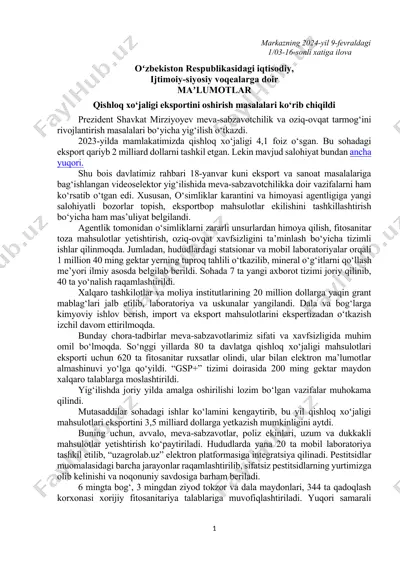 qishloq xo‘jaligi eksportini oshirish masalalari — DOCX