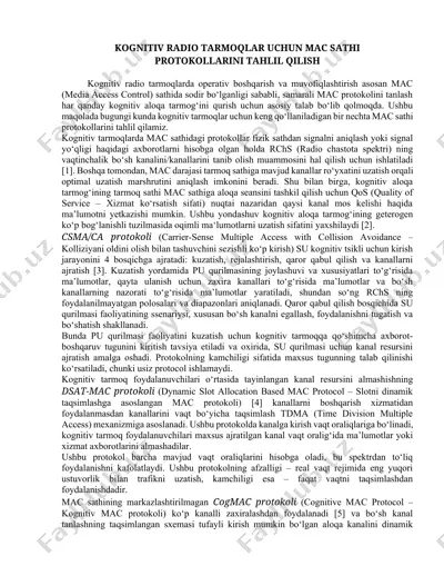 kognitiv radio tarmoqlar uchun mac sathi protokollarini tahlil qilish — DOCX