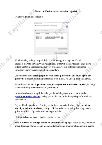 fayllar ustida amallar bajarish windows-da tizimni tiklash — DOCX