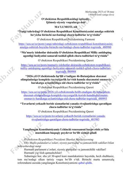 o‘zbekiston respublikasidagi iqtisodiy, ijtimoiy va siyosiy voqealarga doir ma’lumotlar — DOCX