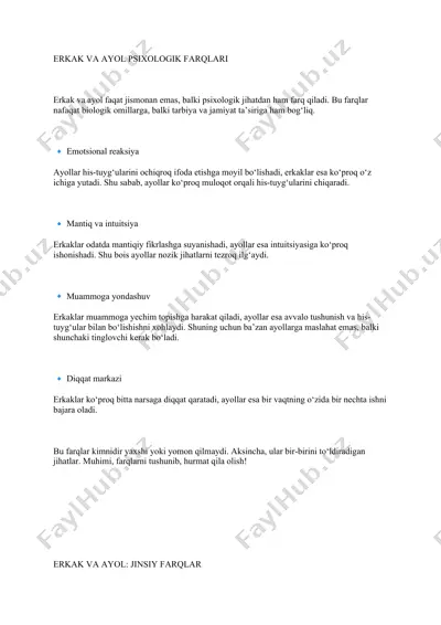 erkak va ayol: psixologik farqlari va jinsiy farqlar — DOCX