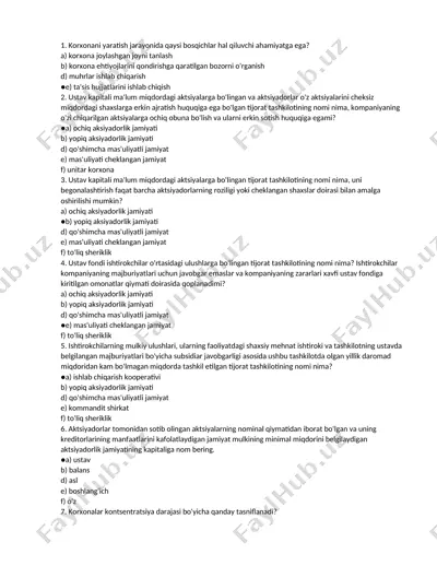 tijorat tashkilotlari haqida savollar to'plami — DOCX