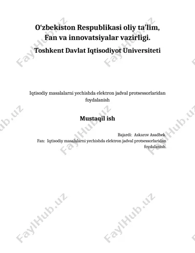 elektron jadval protsessorlarini tanitish va ulardan foydalanish — DOCX