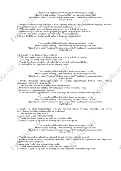 soliq va soliqqa tortish fanidan joriy nazorat variantlari — DOCX