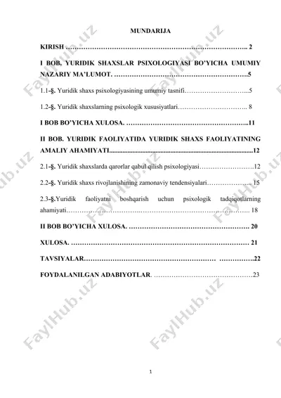 yuridik shaxs psixologiyasi bo'yicha umumiy nazariy ma'lumot — DOCX