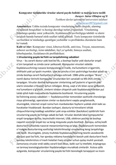 kompyuter viruslarining kelib chiqishi va tasirga kora taxlili — DOCX