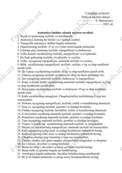 anatomiya fanidan yakuniy nazorat savollari — DOCX