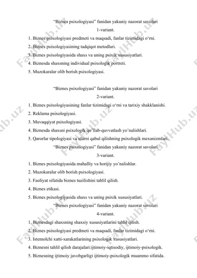 biznes psixologiyasi nazorat savollari — DOCX