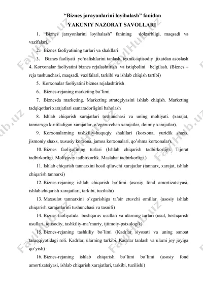 biznes jarayonlarini loyihalash fanidan yakuniy nazorat savollari — DOCX